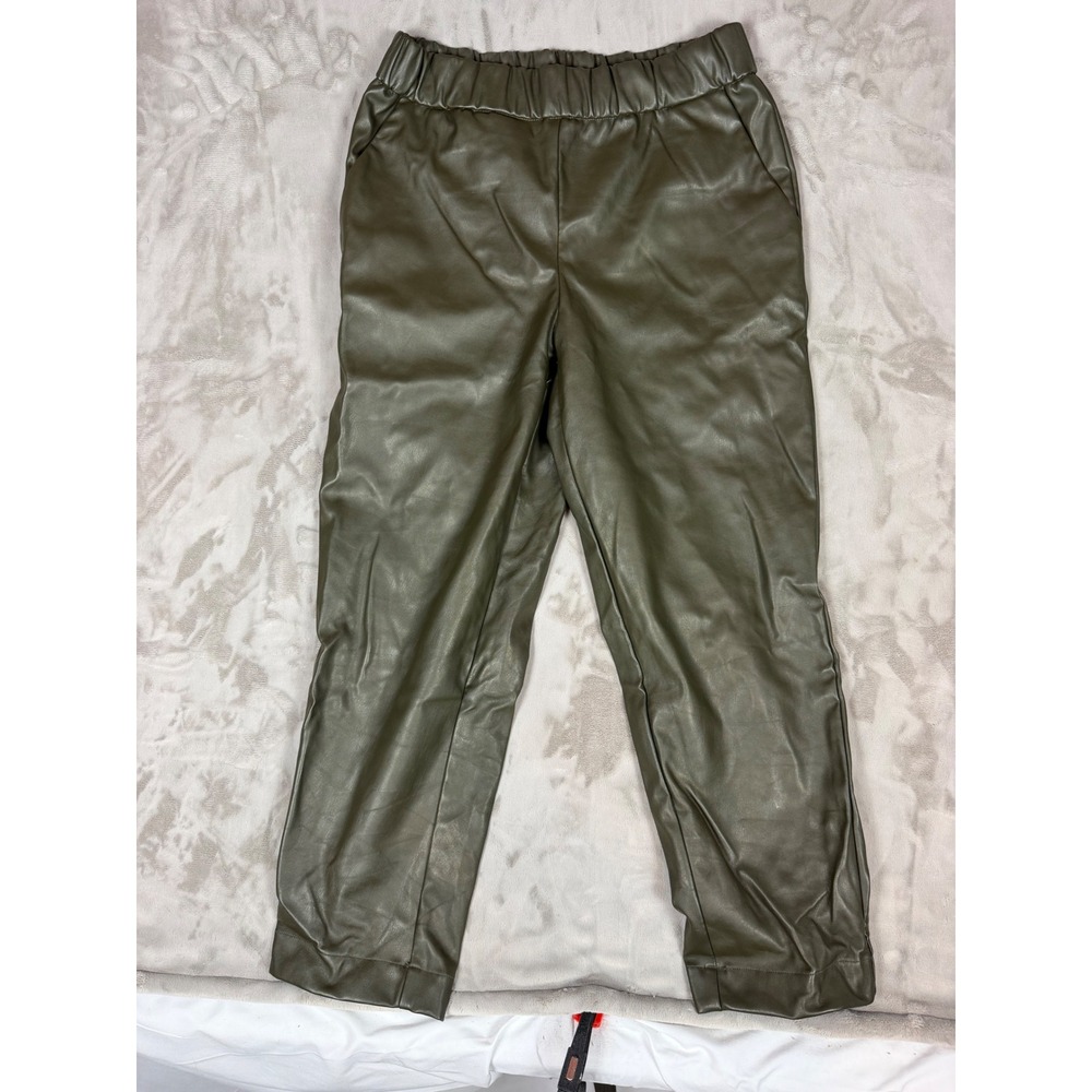 A New Day Olive Green Faux Leather Elastic Waist Tapered Ankle Pants Womens M